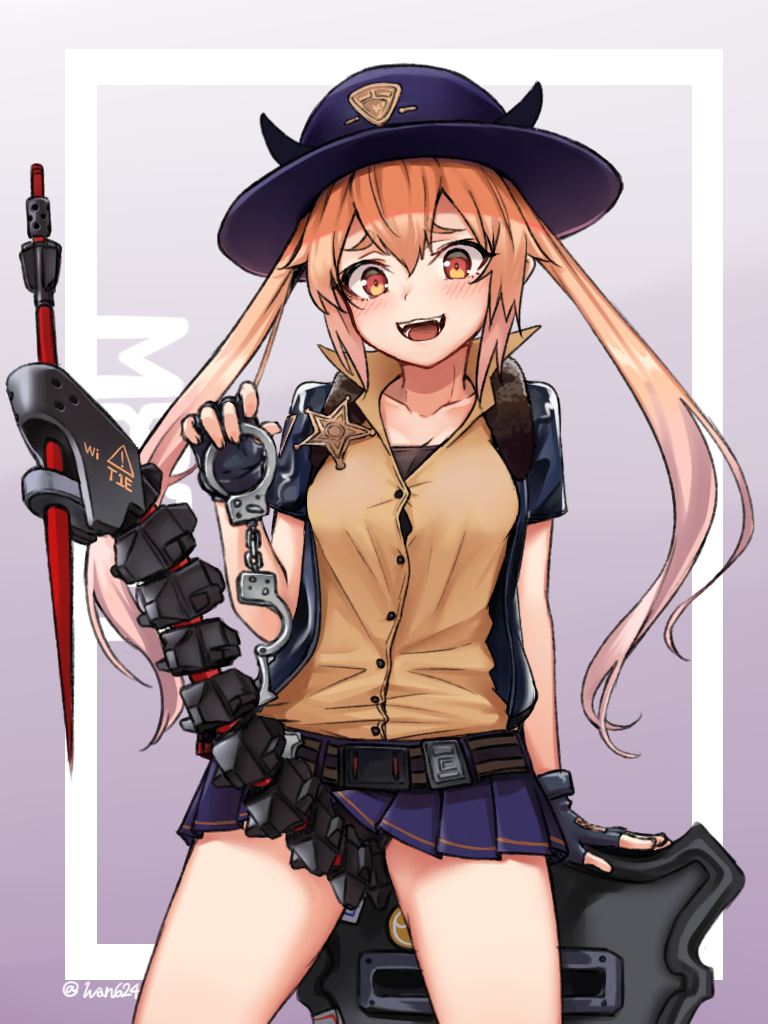 1girl :d arm_support bangs between_legs black_jacket black_shirt blue_gloves blue_hat blue_skirt blush breasts brown_shirt commentary_request cuffs dress_shirt eyebrows_visible_through_hair fingerless_gloves fingernails girls_frontline gloves hair_between_eyes handcuffs hat holding horns ivan_wang jacket light_brown_hair long_hair miniskirt open_clothes open_jacket open_mouth pleated_skirt red_eyes remington_870_(girls_frontline) shirt short_sleeves skirt small_breasts smile solo twintails very_long_hair