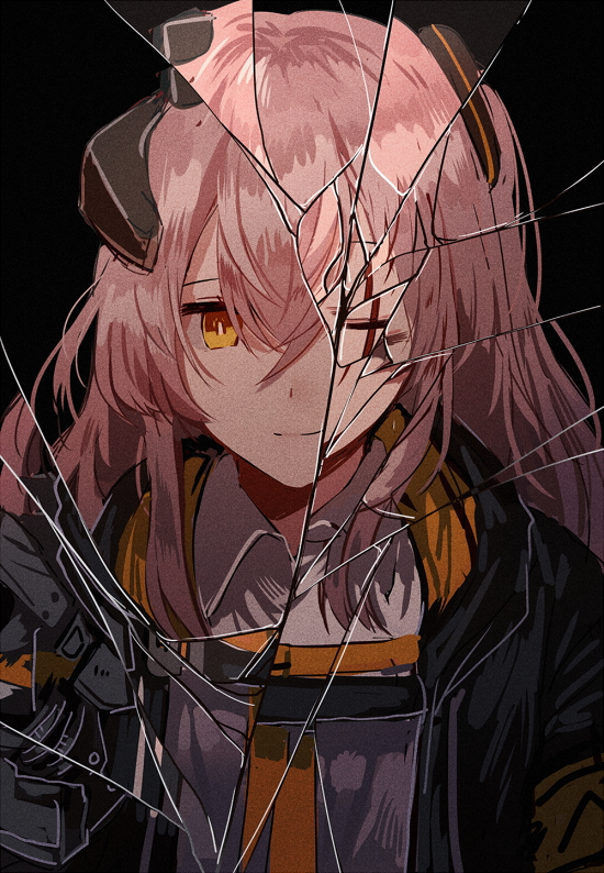 1girl armband bangs broken_glass brown_hair closed_mouth crossed_bangs digi-mind_update_(girls_frontline) girls_frontline glass hair_between_eyes hair_ornament headgear hood hood_down hooded_jacket jacket long_hair looking_at_viewer necktie one_eye_closed one_side_up prosthesis prosthetic_arm scar scar_across_eye shattered shirt sidelocks silence_girl smile ump45_(girls_frontline) upper_body white_shirt yellow_eyes yellow_neckwear