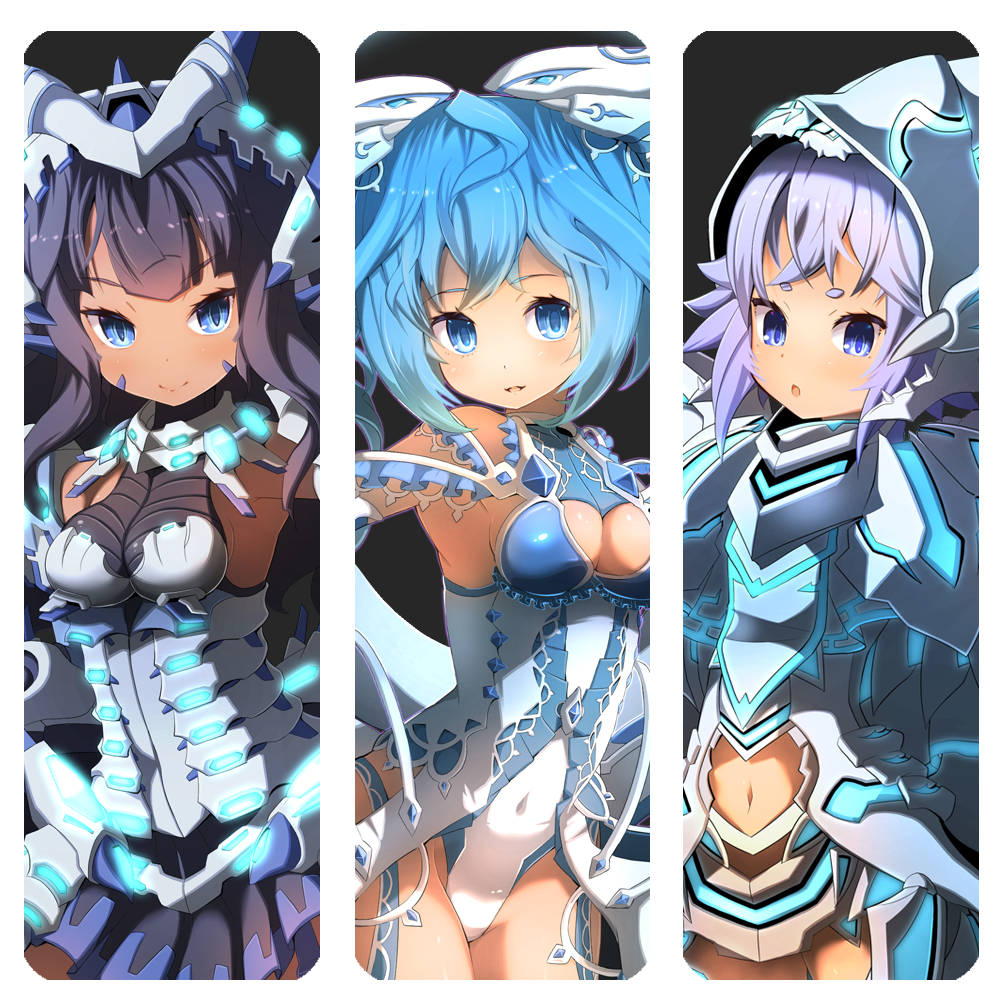 3girls ahoge aqua_eyes aqua_hair armpits bangs bare_shoulders black_background blue_eyes blunt_bangs border breasts character_request chestnut_mouth cleavage closed_mouth column_lineup comiket_90 commentary_request covered_navel cowboy_shot deep-eyes_white_dragon dragon_girl dragon_wings duel_monster eyebrows_visible_through_hair eyelashes garoudo_(kadouhan'i) glowing half-closed_eyes headgear lavender_hair leotard long_hair looking_at_viewer medium_breasts miniskirt multiple_girls navel navel_cutout open_mouth personification pleated_skirt purple_hair purple_skirt rounded_corners short_eyebrows sideboob simple_background skirt smile thick_eyebrows tsurime very_long_hair white_border white_leotard white_wings wings yu-gi-oh! yuu-gi-ou yuu-gi-ou_duel_monsters yuu-gi-ou_the_dark_side_of_dimensions