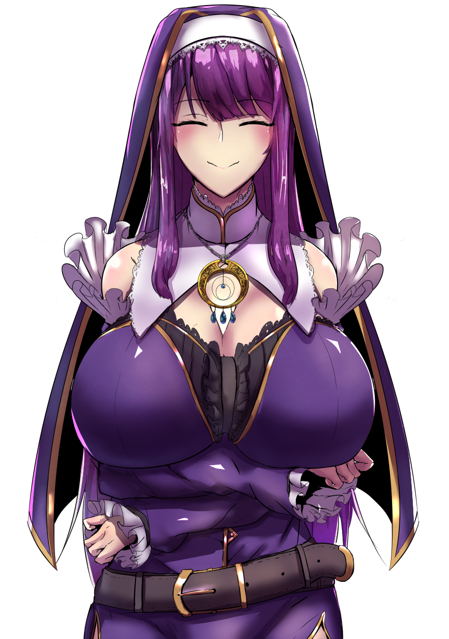 1girl belt breast_hold breasts cleavage closed_eyes commission crossed_arms dress facing_viewer habit highres huge_breasts jewelry kayamayukihiro long_hair necklace original purple_dress purple_hair solo standing upper_body white_background white_headband