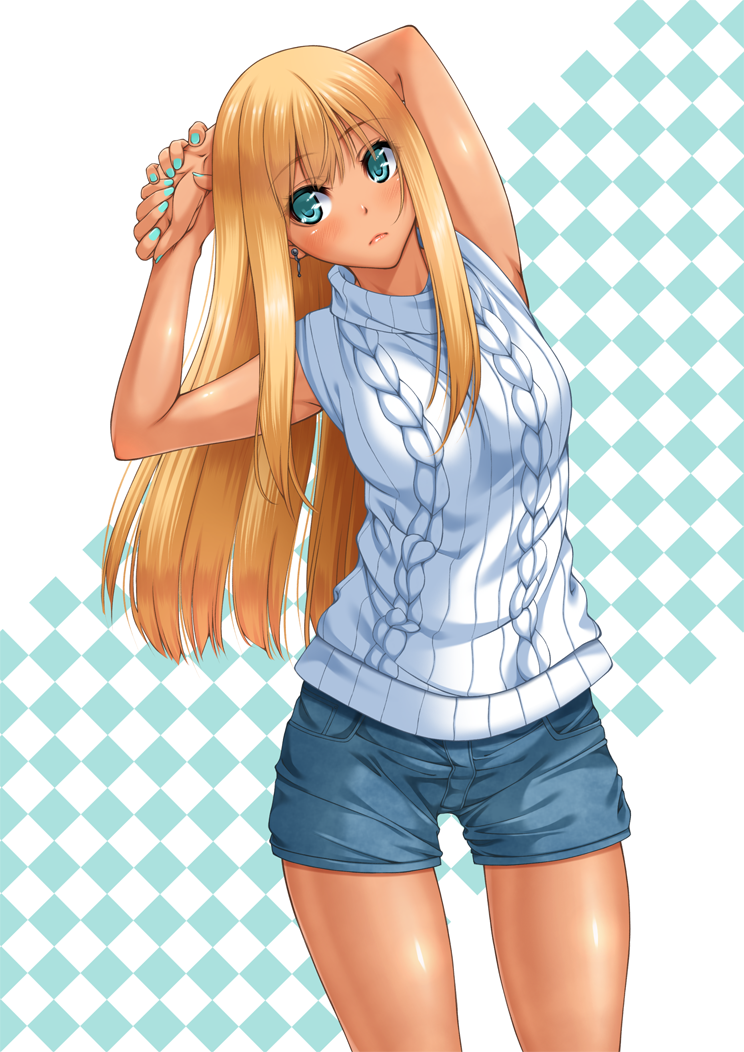 1girl aqua_eyes arm_behind_head blonde_hair blush chiro commentary_request cowboy_shot earrings eyebrows_visible_through_hair frown jewelry long_hair original ribbed_sweater short_shorts shorts simple_background solo sweater tan white_sweater