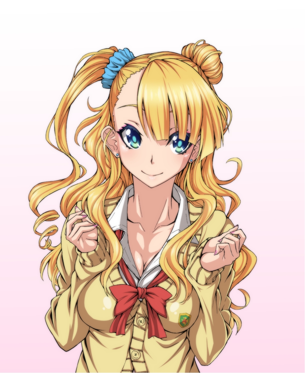 1girl asymmetrical_bangs asymmetrical_hair bangs blonde_hair blue_eyes blue_scrunchie bow bowtie breast_squeeze breasts cardigan cleavage closed_mouth collarbone dress_shirt drill_hair earrings emblem galko gradient gradient_background green_eyes highres jewelry large_breasts long_hair long_sleeves looking_at_viewer one_side_up oshiete!_galko-chan ozaneko pink_background red_neckwear school_uniform scrunchie shirt side_bun sitting smile solo sweater upper_body white_shirt yellow_sweater