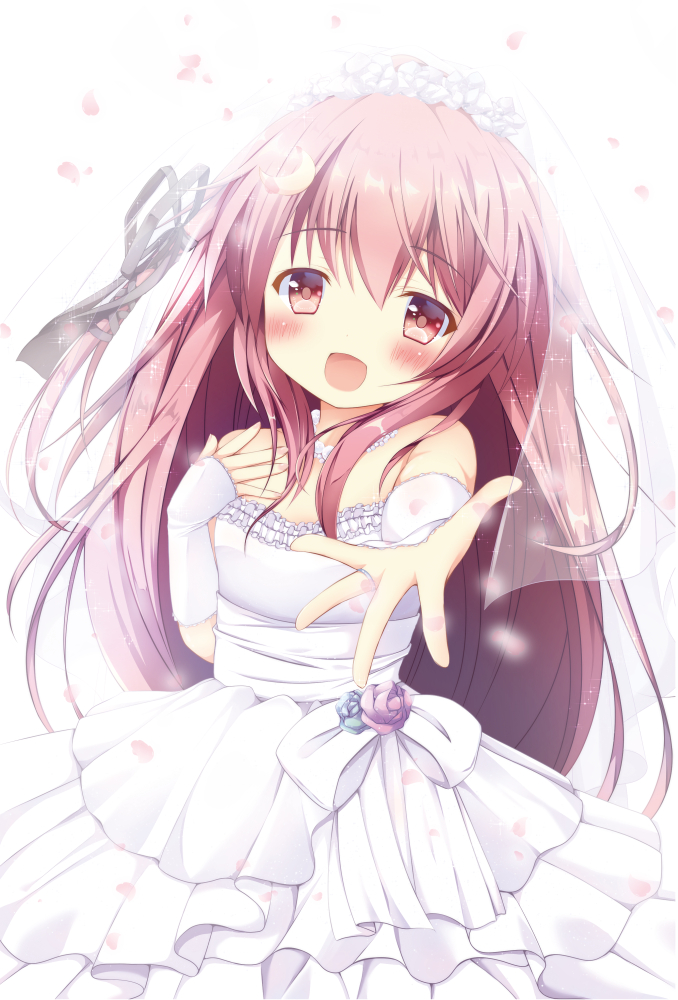 1girl blush dress eyebrows_visible_through_hair flower hair_ornament honeycute kantai_collection long_dress long_hair looking_at_viewer moon open_mouth pink_hair red_eyes simple_background uzuki_(kantai_collection) wedding wedding_dress white_background