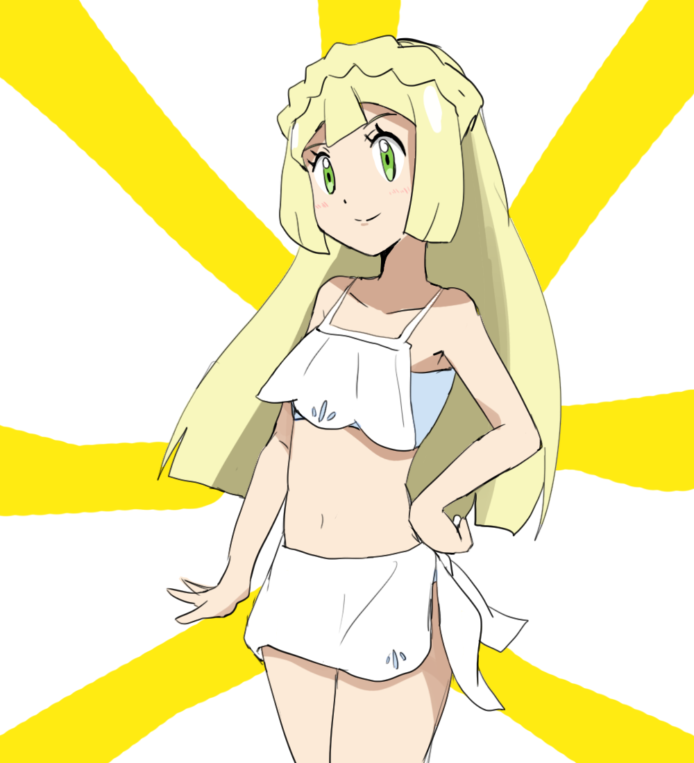 blonde_hair creatures_(company) game_freak green_eyes hand_on_hip hgm_(cjh4563) lillie_(pokemon) nintendo pokemon pokemon_(anime) pokemon_sm_(anime) swimsuit