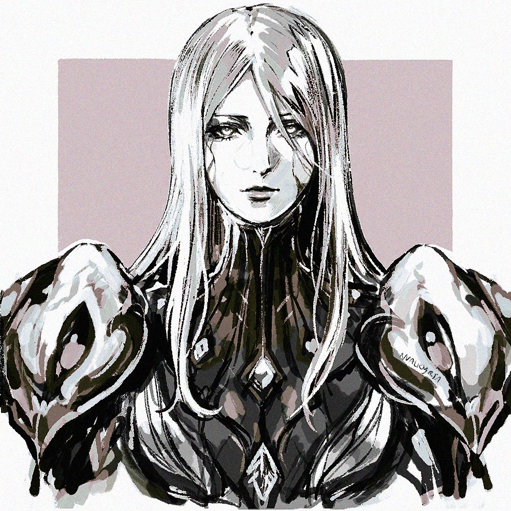 1girl armor bodysuit commentary english_commentary facing_viewer greyscale khora_(warframe) long_hair looking_at_viewer monochrome nvalkyrja shoulder_armor sidelocks solo standing warframe