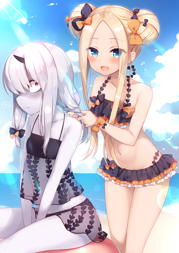 2girls abigail_williams_(fate/grand_order) adjusting_another's_hair beach bikini black_bikini black_bow blonde_hair blue_eyes blue_sky blush bow closed_mouth clouds commentary_request day double_bun emerald_float eyebrows_visible_through_hair fate/grand_order fate_(series) hair_bow lavinia_whateley_(fate/grand_order) long_hair looking_at_another multiple_girls navel ocean open_mouth orange_bow pale_skin polka_dot polka_dot_bow red_eyes sazaki_ichiri short_hair sitting sky spoken_blush standing sunlight swimsuit white_hair