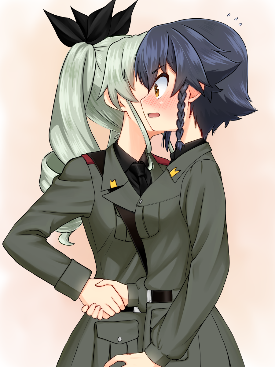 2girls anchovy anzio_military_uniform black_hair blush braid breasts brown_eyes drill_hair eyebrows_visible_through_hair female girls_und_panzer gradient gradient_background green_hair grey_hair hair_ornament hair_ribbon highres long_hair medium_breasts multiple_girls open_mouth pepperoni_(girls_und_panzer) pink_background ribbon ruka_(piyopiyopu) short_hair standing uniform yuri