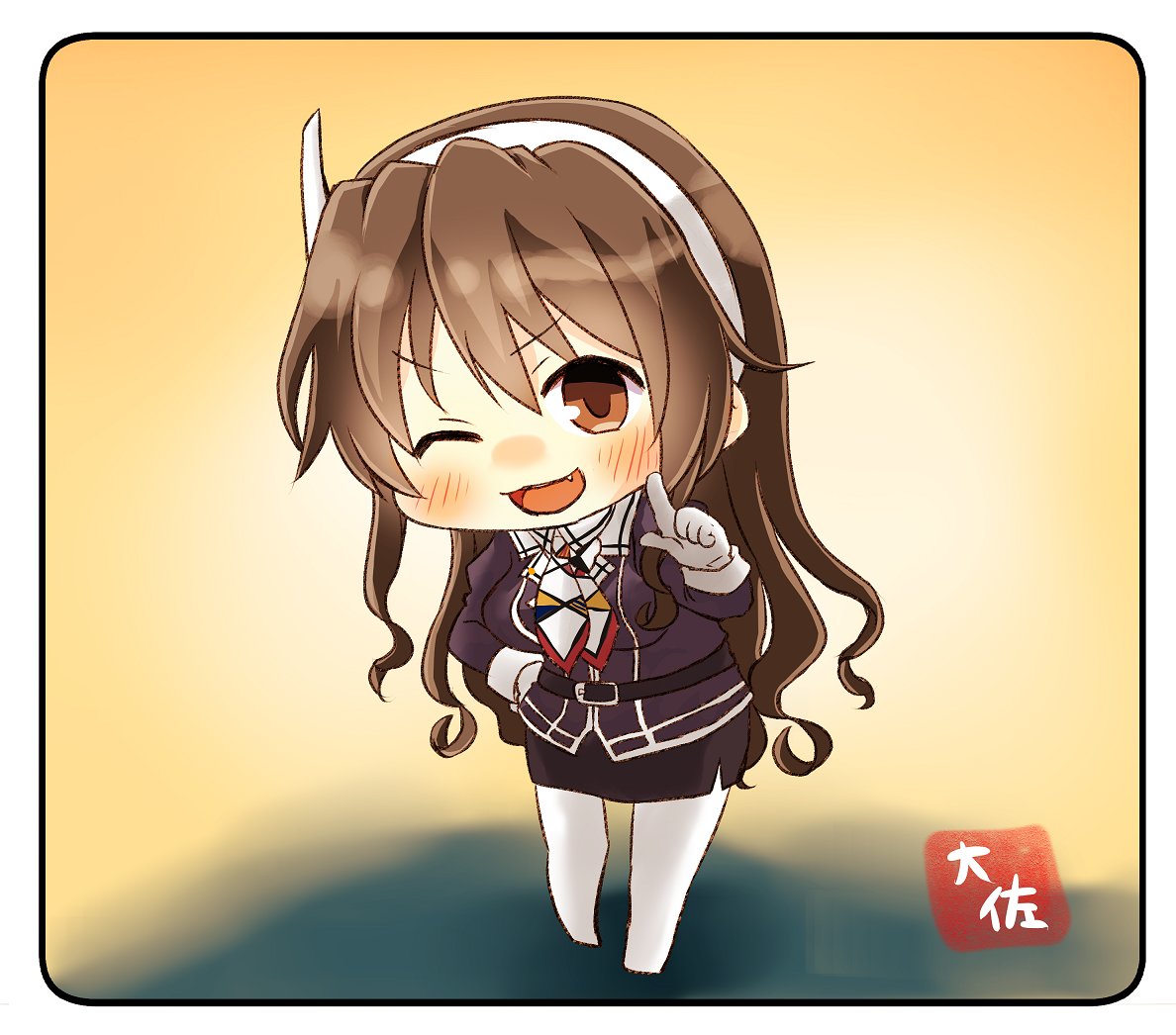 1girl artist_name ashigara_(kantai_collection) brown_eyes brown_hair chibi full_body gloves hairband index_finger_raised kantai_collection leaning_forward long_hair looking_at_viewer one_eye_closed open_mouth pantyhose remodel_(kantai_collection) smile solo standing taisa_(kari) uniform wavy_hair white_gloves white_hairband yellow_background