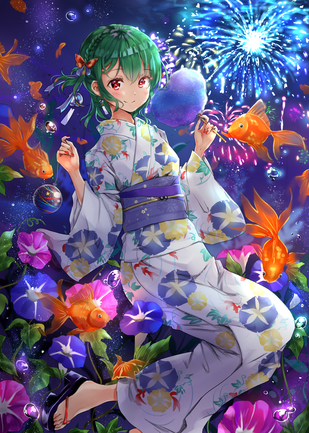 1girl alternate_hairstyle bangs black_footwear blue_flower blue_sash blush bow braid commentary_request cotton_candy eyebrows_visible_through_hair feet_out_of_frame fireworks fish flower food goldfish green_hair hair_between_eyes hair_bow hands_up highres holding holding_food japanese_clothes jumping kazami_yuuka kimono leaf long_sleeves looking_at_viewer nail_polish night night_sky obi purple_flower red_nails sandals sash shironeko_yuuki short_hair sky smile solo star_(sky) starry_sky touhou water_drop white_kimono wide_sleeves wind_chime yukata