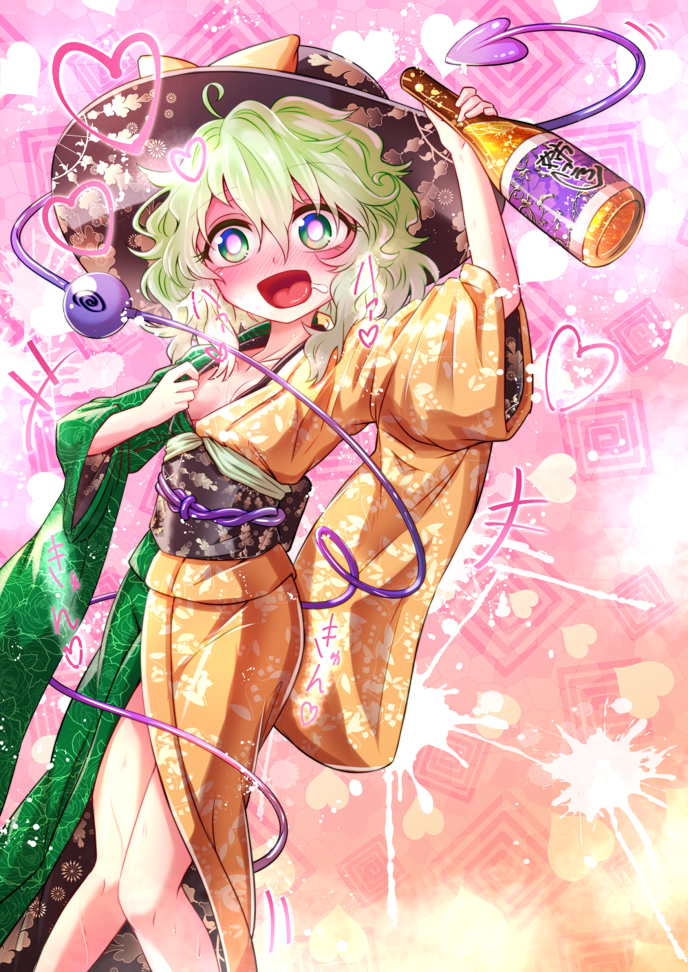 +++ 1girl alcohol alternate_costume arm_up bangs blush bottle bow breasts commentary_request drooling drunk eyebrows_visible_through_hair furisode green_eyes green_hair hair_between_eyes hat hat_bow heart highres holding holding_bottle japanese_clothes kimono knees_together_feet_apart komeiji_koishi looking_at_viewer nomayo nose_blush obi open_mouth saliva sash small_breasts solo sweat tasuki third_eye touhou yellow_bow