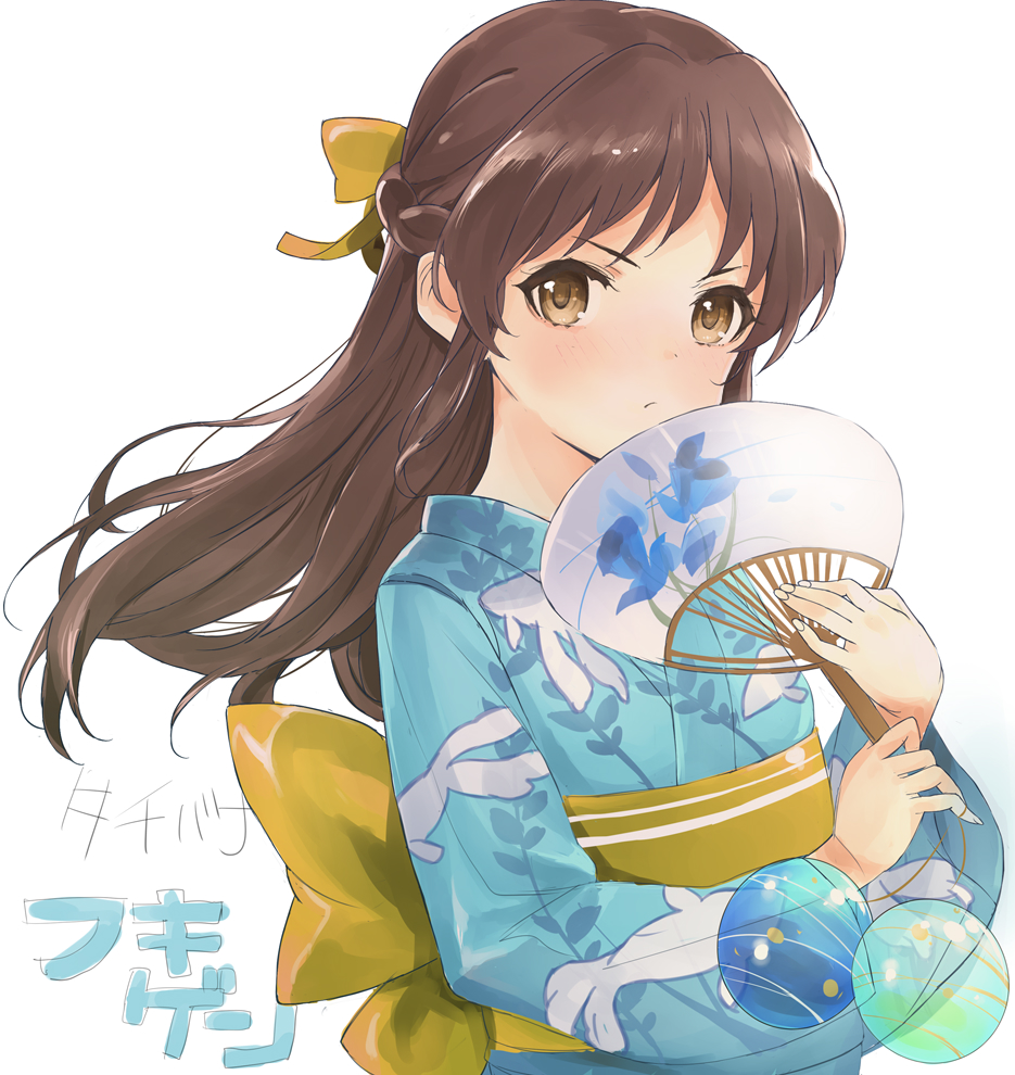 1girl animal_print aqua_kimono balloon bangs blush bow braid brown_hair closed_mouth fan fingernails fish_print hair_bow hair_intakes half_updo holding holding_balloon holding_fan idolmaster idolmaster_cinderella_girls japanese_clothes kimono light_frown long_hair looking_at_viewer obi paper_fan sash sidelocks simple_background solo tachibana_arisu tetsujin_momoko upper_body v-shaped_eyebrows white_background yellow_bow yellow_eyes