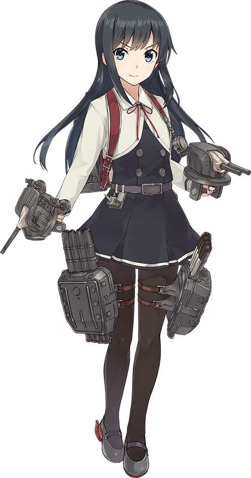 1girl asashio_(kantai_collection) belt black_hair black_legwear blue_eyes buttons cannon closed_mouth dress full_body grey_footwear kantai_collection konishi_(koconatu) long_hair long_sleeves looking_at_viewer machinery mary_janes neck_ribbon official_art pantyhose pinafore_dress red_ribbon remodel_(kantai_collection) ribbon school_uniform shirt shoes short_dress smile solo standing thigh_strap torpedo transparent_background turret white_shirt