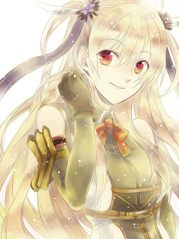 1girl alisa_reinford arm_warmers blonde_hair bow bowtie breasts eiyuu_densetsu eyebrows_visible_through_hair feathers gloves hair_feathers hair_ribbon hand_in_hair leather leather_gloves long_hair medium_breasts red_eyes ribbon sen_no_kiseki short_twintails simple_background sleeveless smile solo twintails upper_body white_background yahane_(5prco)