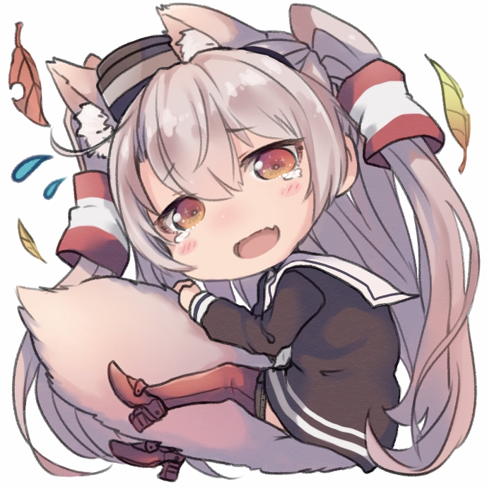 1girl :d amatsukaze_(kantai_collection) animal_ears bangs between_legs black_dress chibi commentary_request dress dyson_(edaokunnsaikouya) eyebrows_visible_through_hair fang flying_sweatdrops full_body hair_between_eyes hair_tubes hat head_tilt kantai_collection kemonomimi_mode leaf light_brown_hair long_hair long_sleeves looking_at_viewer looking_to_the_side mini_hat open_mouth red_legwear sailor_collar sailor_dress short_dress simple_background smile smokestack solo tail tail_between_legs tears thigh-highs two_side_up very_long_hair white_background white_sailor_collar windsock wolf_ears wolf_girl wolf_tail