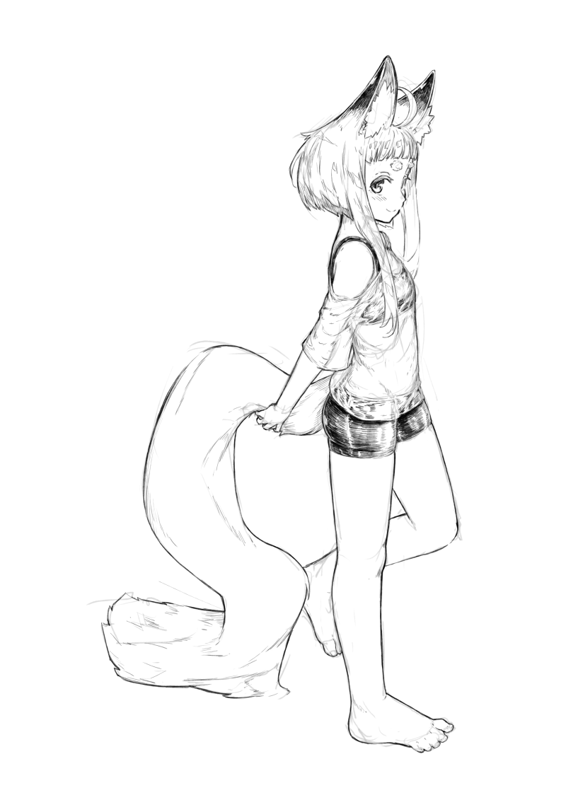 1girl ahoge animal_ear_fluff animal_ears bangs barefoot bike_shorts fox_ears fox_girl_(jaco) fox_tail from_side full_body greyscale holding_tail jaco leg_up long_hair looking_at_viewer monochrome original see-through shirt short_hair_with_long_locks sidelocks simple_background smile solo standing standing_on_one_leg tail thick_eyebrows white_background