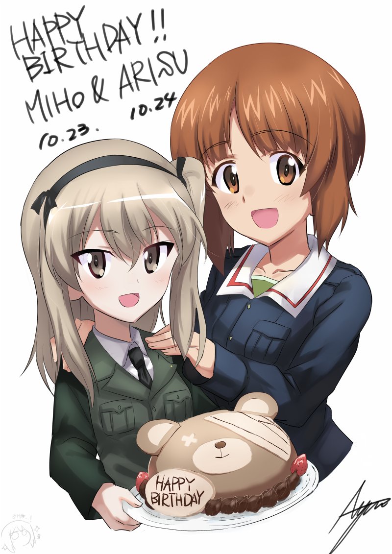 :d artist_name ashiwara_yuu bangs black_jacket black_neckwear black_ribbon blue_jacket boko_(girls_und_panzer) brown_eyes brown_hair cake character_name chocolate commentary dated dress_shirt english eyebrows_visible_through_hair food fruit girls_und_panzer green_shirt hair_ribbon hands_on_another's_shoulders happy_birthday jacket light_brown_hair long_hair long_sleeves looking_at_viewer military military_uniform necktie nishizumi_maho nishizumi_miho ooarai_military_uniform open_mouth ribbon selection_university_military_uniform shimada_arisu shirt short_hair siblings side_ponytail signature simple_background sisters smile sparkle standing strawberry stuffed_animal stuffed_toy teddy_bear uniform upper_body white_background white_shirt