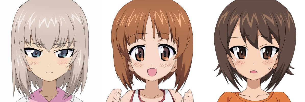 3girls ashiwara_yuu bangs blue_eyes brown_eyes brown_hair closed_mouth commentary eyebrows_visible_through_hair frown girls_und_panzer light_frown long_hair looking_at_viewer multiple_girls nishizumi_miho orange_shirt portrait shirt short_hair siblings silver_hair simple_background sisters smile sweatdrop t-shirt tank_top white_background white_shirt younger