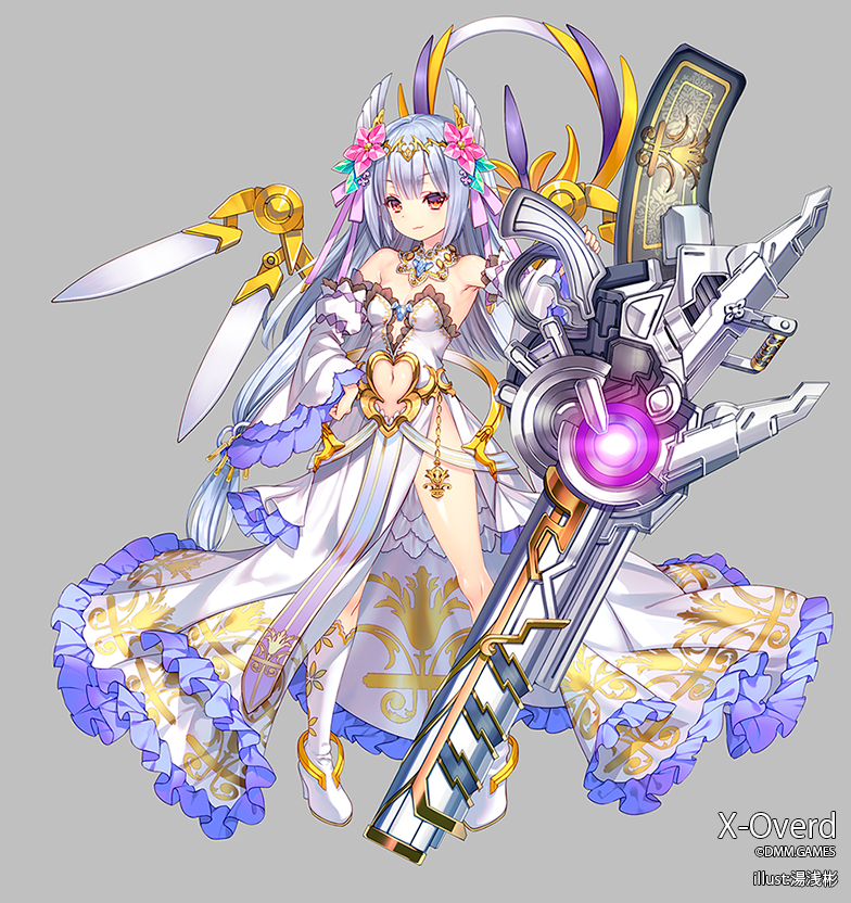 1girl bare_shoulders boots detached_sleeves dress flower frilled_dress frills full_body grey_background gun hair_flower hair_ornament hair_ribbon hand_on_hip hand_up jewelry knee_boots long_hair looking_at_viewer mecha_musume midriff_cutout navel pink_ribbon red_eyes ribbon silver_hair solo strelitzia_(x-overd) tiara very_long_hair weapon white_dress white_footwear wide_sleeves x-overd yuasa_akira