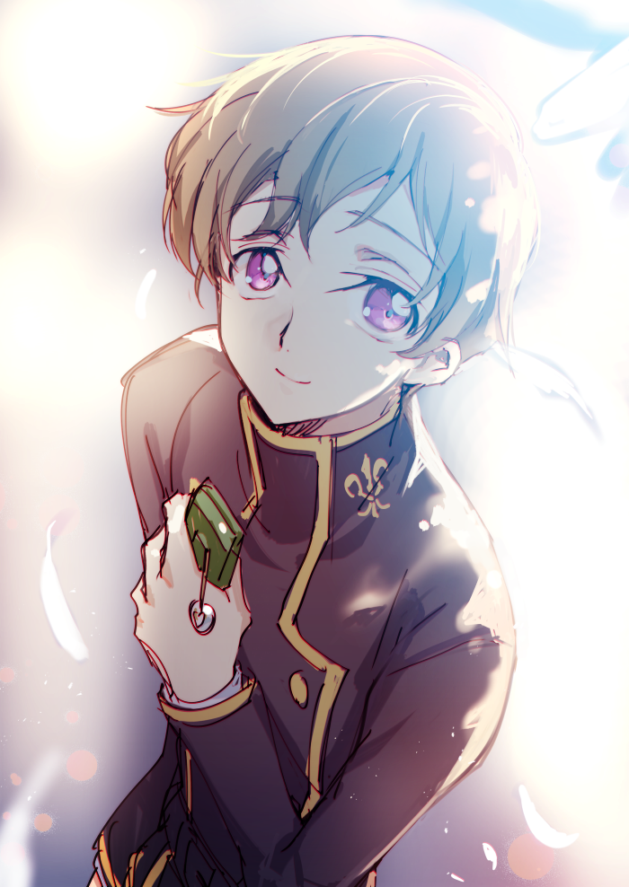 1boy brown_hair code_geass creayus heart holding jacket long_sleeves looking_at_viewer male_focus purple_jacket rolo_lamperouge school_uniform smile solo violet_eyes