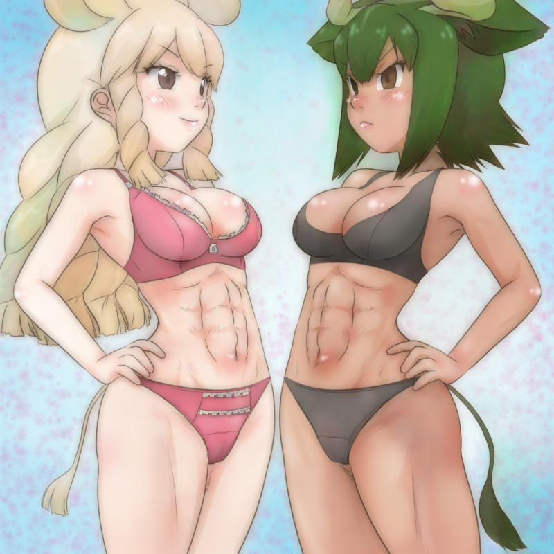 &gt;:( &gt;:) 2girls abs animal_ears armpits aurochs_(kemono_friends) bare_arms bare_shoulders black_bra black_panties blonde_hair bra breasts brown_eyes closed_mouth collarbone commentary commentary_request cowboy_shot dark_skin drill_hair empty_eyes extra_ears eye_contact eyebrows_visible_through_hair face-to-face green_hair grey_eyes hair_between_eyes hand_on_hip hips horns kemono_friends long_hair looking_at_another medium_breasts medium_hair multiple_girls navel oryx_ears oryx_tail panties pink_bra pink_panties rhinoceros_ears rhinoceros_tail shiny shiny_skin sidelocks sports_bra standing stomach t_jiroo_(ringofriend) tail toned underwear underwear_only v-shaped_eyebrows white_rhinoceros_(kemono_friends)