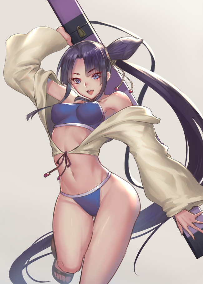 1girl bangs bare_shoulders bikini black_hair blue_eyes blunt_bangs fate/grand_order fate_(series) grey_background groin hair_bun hair_ornament jacket jacket_over_swimsuit midriff navel oukawa_yuu side_ponytail simple_background solo swimsuit ushiwakamaru_(fate/grand_order) ushiwakamaru_(swimsuit_assassin)_(fate)