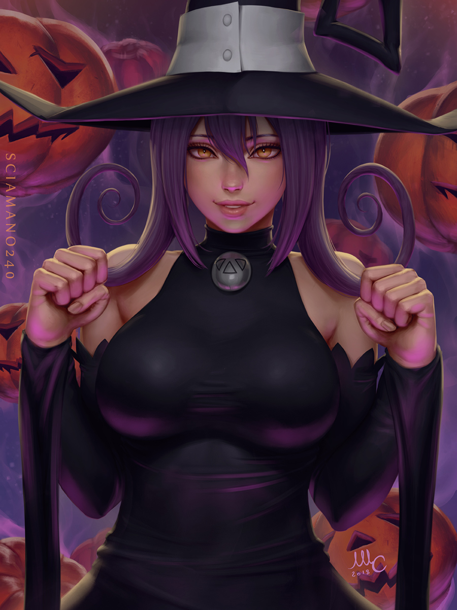 1girl 2018 artist_name bangs bare_shoulders black_dress black_hat blair breasts brown_eyes clenched_hands commentary detached_sleeves dress english_commentary fingernails flipped_hair hair_between_eyes hands_up hat highres jack-o'-lantern large_breasts lips looking_at_viewer medium_hair mirco_cabbia nose parted_lips pumpkin purple_hair sidelocks signature sleeveless sleeveless_dress smile solo soul_eater taut_clothes taut_dress turtleneck upper_body witch witch_hat