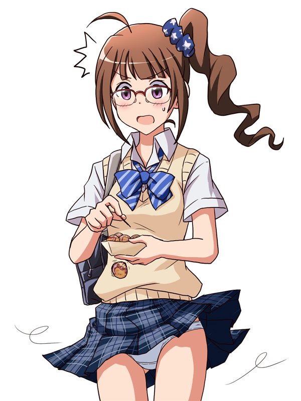 /\/\/\ 1girl ahoge bag bangs black-framed_eyewear blue_neckwear blue_panties blue_scrunchie blue_skirt blush bow bowtie brown_hair carrying commentary_request cowboy_shot crotch_seam dango dress_shirt drill_hair dropping food frown glasses gluteal_fold hair_ornament hair_scrunchie holding holding_food idolmaster idolmaster_million_live! lielos medium_hair miniskirt open_mouth over-rim_eyewear panties plaid plaid_skirt pleated_skirt school_bag scrunchie semi-rimless_eyewear shirt side_drill side_ponytail simple_background skirt skirt_lift solo standing star star_print sweatdrop sweater sweater_vest underwear v-shaped_eyebrows violet_eyes wagashi white_background white_shirt wind wind_lift yellow_sweater yokoyama_nao
