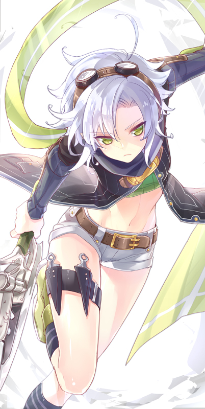 1girl achan_(blue_semi) ahoge asymmetrical_bangs aviator_sunglasses bangs belt eiyuu_densetsu eyewear_on_head fie_claussell green_eyes green_footwear gunblade holster jacket kunai long_sleeves midriff navel running scarf sen_no_kiseki shoes short_hair short_shorts shorts silver_hair socks solo strapless sunglasses thigh_holster tubetop weapon