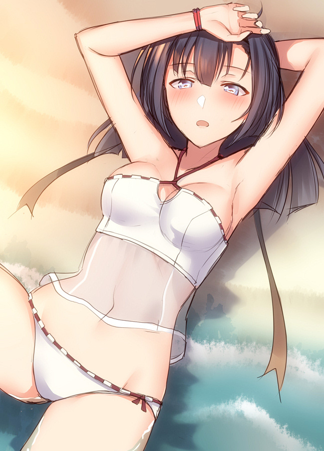 1girl akizuki_(kantai_collection) alternate_costume armpits arms_up bangs bare_shoulders beach bikini bikini_bottom black_hair blue_eyes blush breasts cleavage cleavage_cutout collarbone commentary_request day eyebrows_visible_through_hair groin hair_ribbon hairband half-closed_eyes hand_behind_head hand_on_own_head kantai_collection knee_up long_hair looking_at_viewer lying medium_breasts navel ocean on_back open_mouth outdoors pallad partially_submerged ponytail ribbon sand see-through sidelocks solo stomach swimsuit thighs waves white_bikini wristband