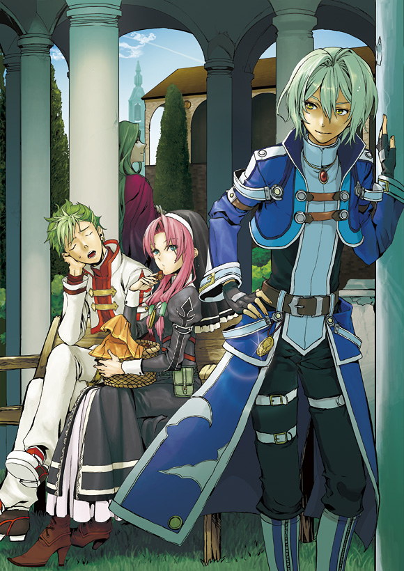 2boys 2girls ao_no_kiseki bangs basket bench black_gloves blue_eyes boots building closed_eyes eating ein_selnate eiyuu_densetsu fingerless_gloves gloves green_hair habit hair_between_eyes hair_tubes hand_on_hip head_rest high_heel_boots high_heels jacket jewelry kevin_graham legs_crossed long_hair long_sleeves looking_at_another medallion multiple_boys multiple_girls nun ono_(littleprayer) pants parted_bangs pendant pillar pink_hair puffy_long_sleeves puffy_sleeves ries_argent shirt shoes short_hair sidelocks sitting sora_no_kiseki sweatdrop wazy_hemisphere yellow_eyes