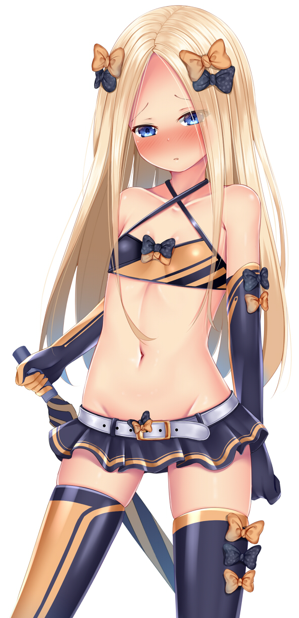 1girl abigail_williams_(fate/grand_order) bangs bare_shoulders belt_buckle black_bow black_gloves black_legwear black_skirt blonde_hair blue_eyes blush bow breasts buckle collarbone criss-cross_halter elbow_gloves fate/grand_order fate_(series) forehead gloves groin hair_bow halterneck highres holding long_hair microskirt navel nose_blush orange_bow parted_bangs parted_lips pleated_skirt polka_dot polka_dot_bow puririn simple_background skirt small_breasts solo thigh-highs very_long_hair white_background white_belt