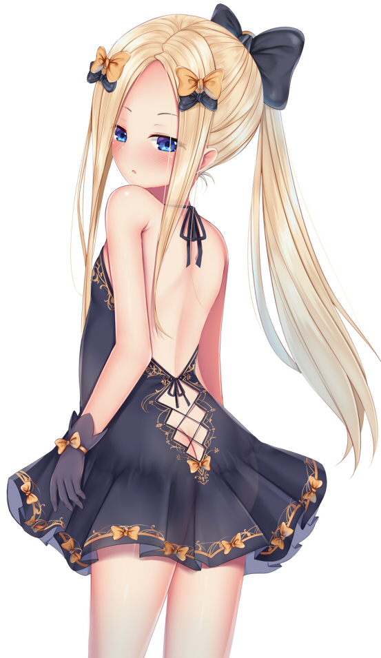 1girl :o abigail_williams_(fate/grand_order) ass backless_dress backless_outfit bangs bare_shoulders black_bow black_dress black_gloves blonde_hair blue_eyes blush bow breasts butt_crack dress fate/grand_order fate_(series) forehead gloves hair_bow long_hair looking_at_viewer looking_back orange_bow parted_bangs parted_lips ponytail puririn see-through sidelocks simple_background small_breasts solo standing very_long_hair white_background