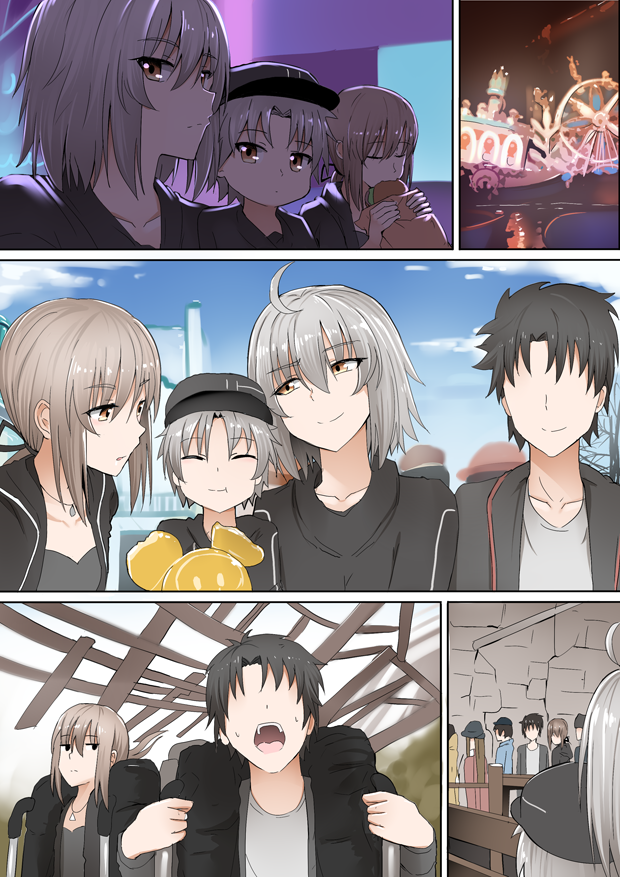 2boys 2girls amusement_park artoria_pendragon_(all) black_hair eating fate/grand_order fate_(series) father_and_son fujimaru_ritsuka_(male) ginhaha hat jeanne_d'arc_(alter)_(fate) jeanne_d'arc_(fate)_(all) mother_and_son multiple_boys multiple_girls ponytail saber_alter short_hair silver_hair smile yellow_eyes