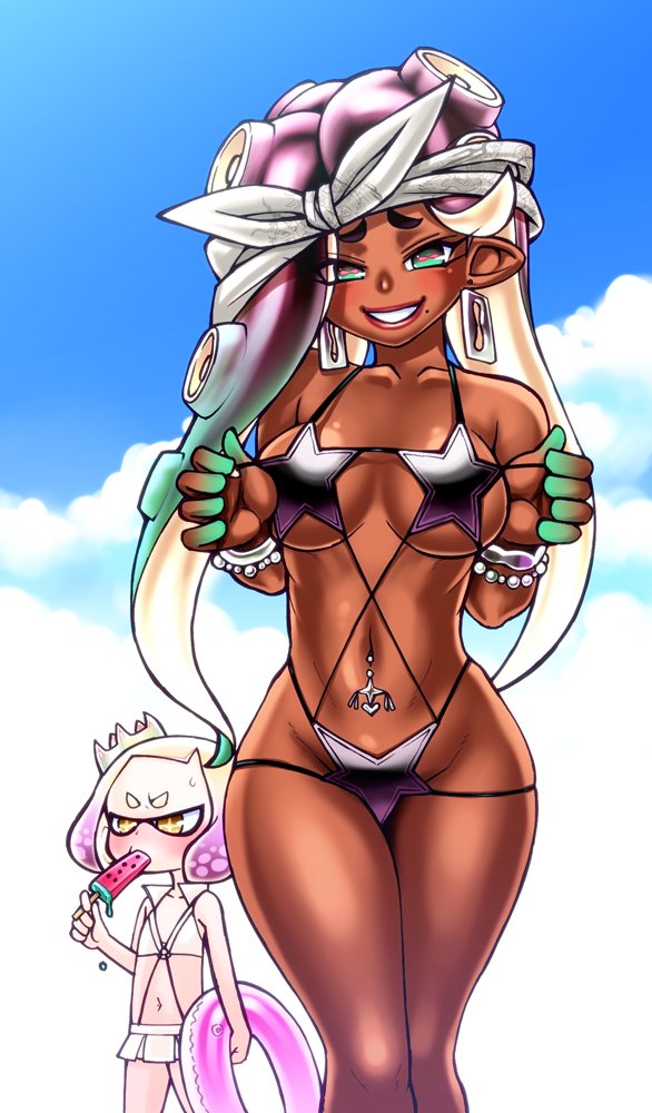 2girls blue_eyes bracelet breasts cephalopod_eyes chiba_toshirou clouds cloudy_sky collarbone commentary_request crown dark_skin earrings eyes_visible_through_hair flat_chest food gradient_eyes gradient_hair hime_(splatoon) iida_(splatoon) innertube jewelry large_breasts looking_at_viewer mole mole_under_mouth multicolored multicolored_eyes multicolored_hair multicolored_skin multiple_girls navel navel_piercing octarian piercing pointy_ears popsicle sky smile splatoon splatoon_2 suction_cups swimsuit tentacle_hair thick_eyebrows watermelon_bar yellow_eyes
