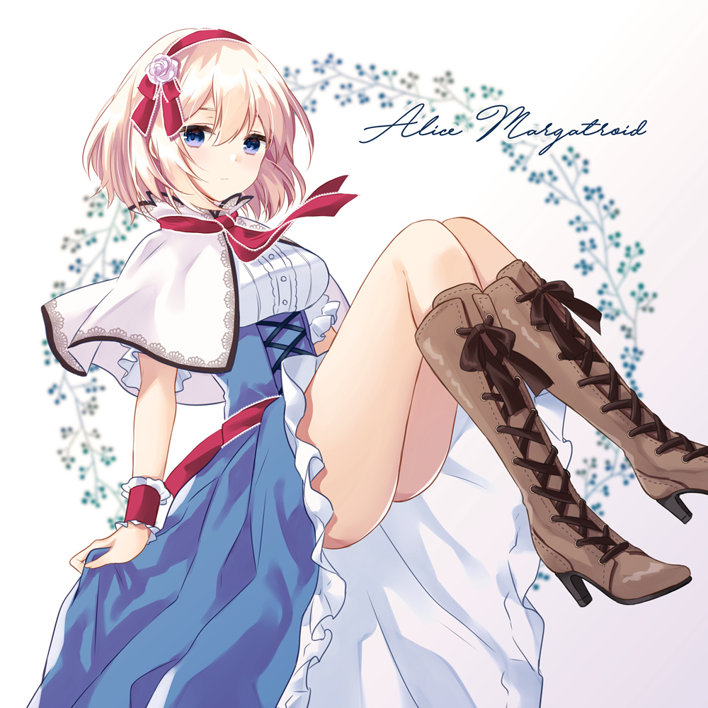 1girl alice_margatroid bangs blonde_hair blue_eyes blue_skirt blush boots breasts brown_background brown_legwear capelet character_name closed_mouth commentary_request cross-laced_footwear eyebrows_visible_through_hair flower frills gradient gradient_background hair_between_eyes hair_flower hair_ornament hairband high-waist_skirt high_heel_boots high_heels knee_boots lace-up_boots medium_breasts purin_jiisan red_hairband red_ribbon ribbon rose shirt short_hair skirt skirt_hold solo touhou white_background white_capelet white_flower white_rose white_shirt wrist_cuffs