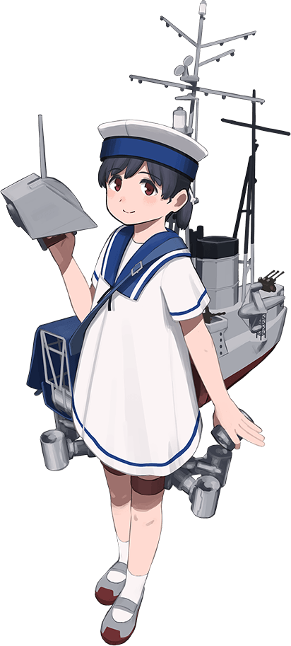 1girl bag black_hair blue_sailor_collar blush_stickers brown_eyes closed_mouth dress full_body hand_up hat hiburi_(kantai_collection) kantai_collection looking_at_viewer mary_janes official_art rigging sailor_collar sailor_dress sailor_hat shibafu_(glock23) shoes short_ponytail shoulder_bag solo transparent_background turret white_legwear
