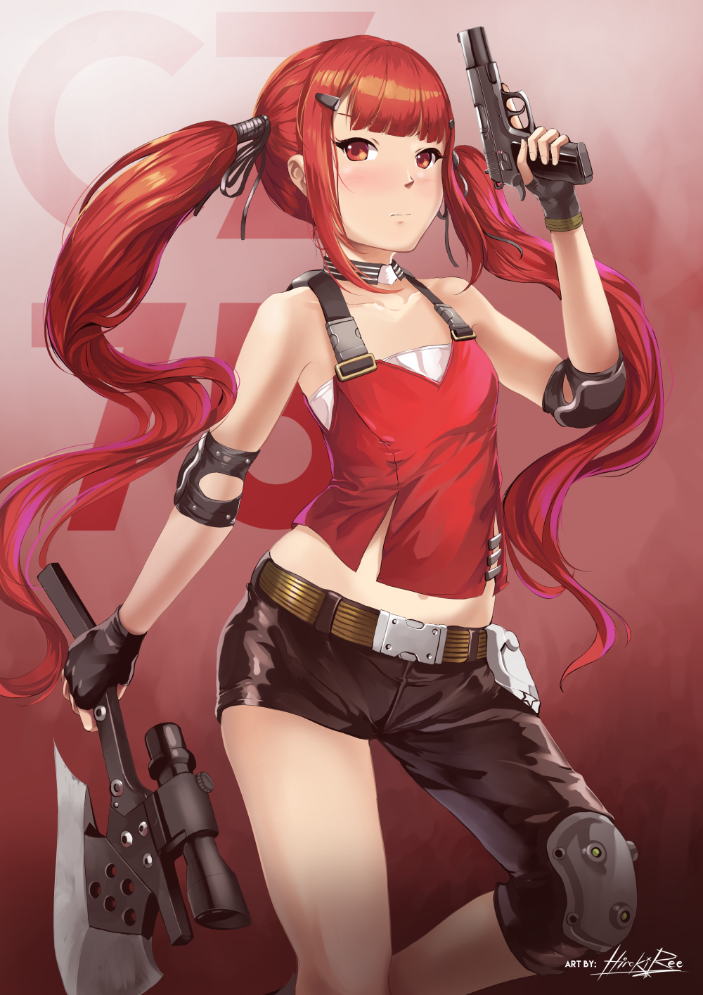 1girl axe commentary_request cz-75 cz-75_(girls_frontline) girls_frontline gun handgun highres hiroki_ree long_hair looking_at_viewer pistol red_eyes redhead solo very_long_hair weapon