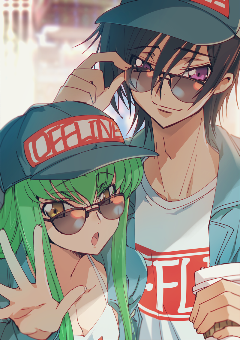 1boy 1girl :o baseball_cap black_hair blue_jacket breasts c.c. carrying cleavage closed_mouth clothes_writing code_geass creayus cup eyebrows_visible_through_hair green_hair hand_up hat holding holding_cup jacket lelouch_lamperouge long_hair looking_at_viewer medium_breasts princess_carry smile sunglasses violet_eyes waving yellow_eyes