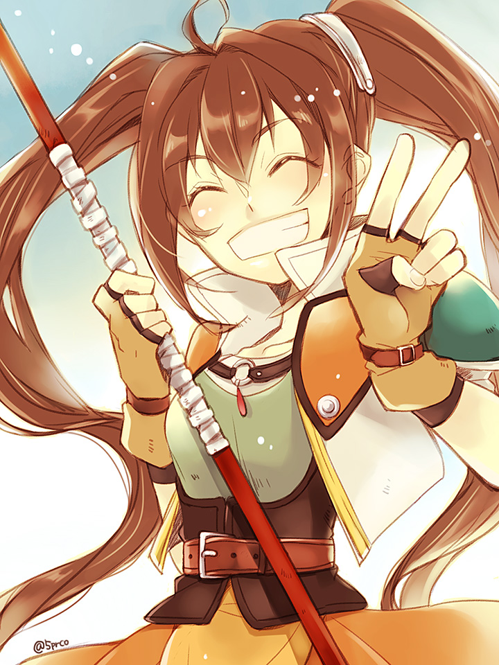 1girl ahoge artist_name belt breasts brown_hair closed_eyes cowboy_shot eiyuu_densetsu estelle_bright eyebrows_visible_through_hair fingerless_gloves gloves grin jacket leather leather_gloves long_hair looking_at_viewer polearm shirt shoulder_armor skirt small_breasts smile solo sora_no_kiseki staff twintails twitter_username v weapon yahane_(5prco)