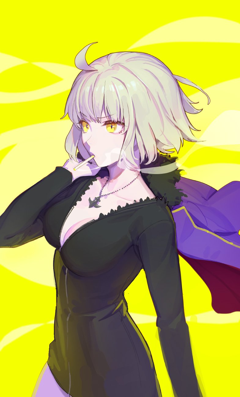 1girl ahoge black_dress blonde_hair breasts cigarette cleavage collarbone dress fur_trim highres holding holding_jacket jacket jeanne_d'arc_(alter)_(fate) jeanne_d'arc_(fate)_(all) jewelry large_breasts necklace short_hair smoking solo standing tim_loechner unzipped yellow_background yellow_eyes
