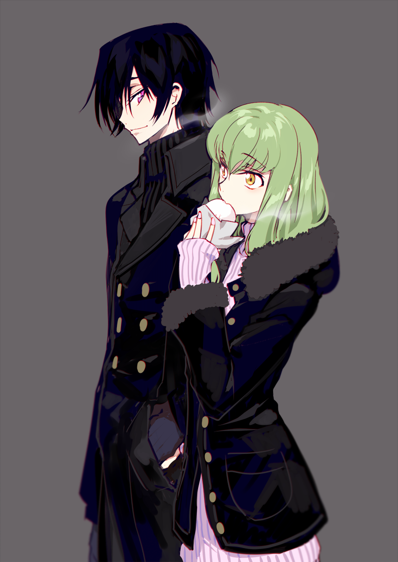 1boy 1girl bangs baozi black_hair black_jacket breath c.c. code_geass couple creayus eating enpera fingernails food from_side fur_trim gloves green_hair grey_background grey_gloves hand_holding hand_in_another's_pocket holding holding_food hood hood_down jacket lelouch_lamperouge long_hair long_sleeves looking_at_another m nail_polish pink_nails pink_sweater scarf simple_background smile standing sweater violet_eyes yellow_eyes