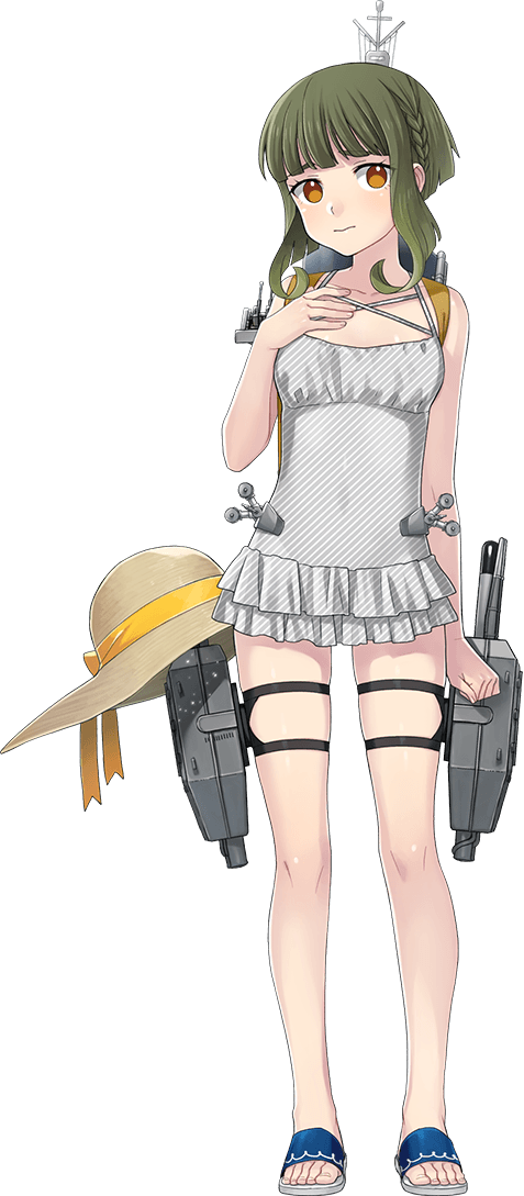 1girl bare_legs casual_one-piece_swimsuit depth_charge depth_charge_projector fujikawa green_hair hand_on_own_chest hat hat_removed headwear_removed kantai_collection machinery official_art one-piece_swimsuit sandals short_hair skindentation swimsuit takanami_(kantai_collection) torpedo_launcher transparent_background yellow_eyes