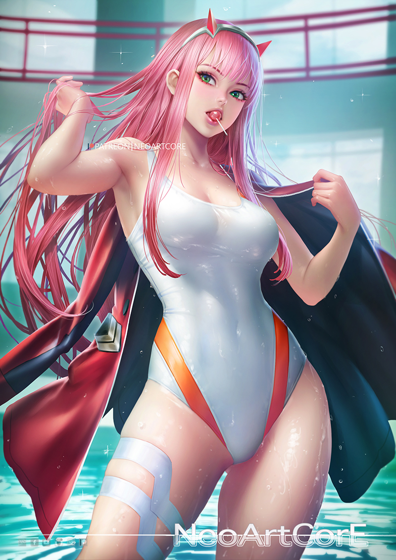 1girl adjusting_hair armpits artist_name breasts candy collarbone commentary darling_in_the_franxx english_commentary eyeshadow food green_eyes hair_between_eyes hairband holding holding_jacket indoors jacket jacket_on_shoulders lollipop long_hair looking_at_viewer makeup medium_breasts nudtawut_thongmai oni_horns orange_neckwear partially_submerged pink_hair pool red_horns solo straight_hair swimsuit water wet white_hairband white_swimsuit zero_two_(darling_in_the_franxx)