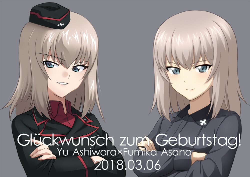 1girl artist_name ashiwara_yuu bangs black_hat black_jacket blue_eyes collaboration commentary_request crossed_arms dated dress_shirt emblem eyebrows_visible_through_hair fumika_asano garrison_cap german girls_und_panzer grey_background grey_shirt grin hat itsumi_erika jacket kuromorimine_military_uniform kuromorimine_school_uniform long_hair long_sleeves looking_at_viewer military military_hat military_uniform red_shirt school_uniform shirt silver_hair simple_background smile translated uniform upper_body