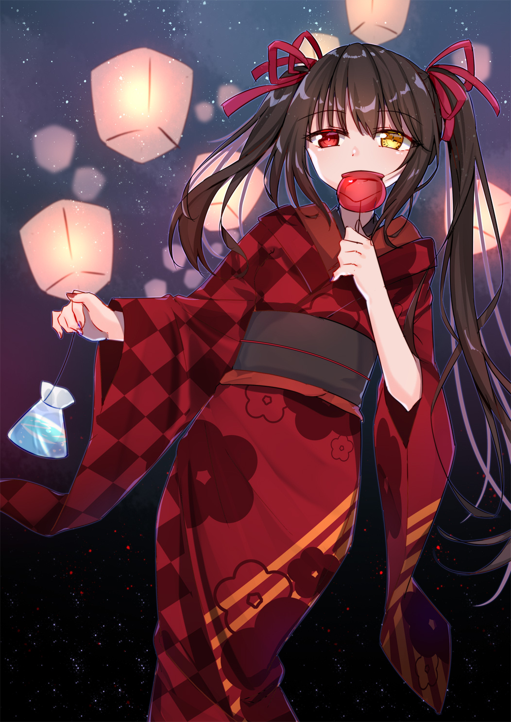 1girl asymmetrical_hair black_hair candy_apple checkered checkered_kimono closed_eyes date_a_live floral_print food hair_between_eyes hair_ribbon heterochromia highres holding holding_food japanese_clothes kimono long_hair long_sleeves looking_at_viewer mo_(pixiv9929995) nail_polish night red_eyes red_kimono red_nails red_ribbon ribbon sky sky_lantern smile solo star_(sky) starry_sky tokisaki_kurumi twintails very_long_hair wide_sleeves yellow_eyes