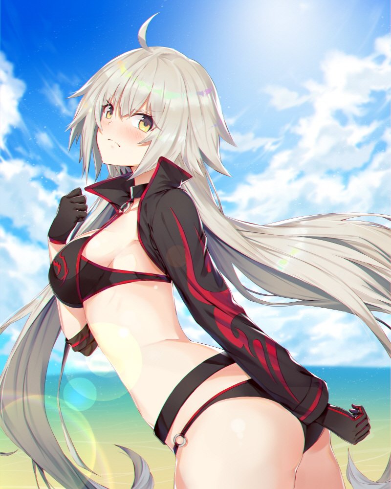 1girl ahoge ass bangs beach bikini black_gloves blush breasts clouds cropped_jacket fate/grand_order fate_(series) gloves hair_between_eyes jacket jeanne_d'arc_(alter_swimsuit_berserker) jeanne_d'arc_(fate)_(all) lens_flare long_hair looking_at_viewer medium_breasts o-ring o-ring_bottom ocean open_clothes open_jacket outdoors silver_hair sky solo soya_(torga) standing swimsuit very_long_hair wind yellow_eyes