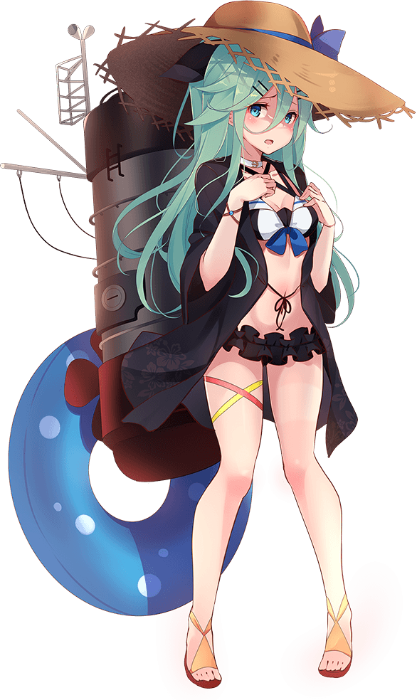 1girl armlet bangs bikini black_ribbon blue_ribbon green_eyes green_hair hair_between_eyes hair_flaps hair_ornament hair_ribbon hairclip hat innertube kantai_collection kujou_ichiso long_hair machinery navel official_art open_clothes open_robe parted_bangs ponytail ribbon robe sidelocks straw_hat swimsuit transparent_background yamakaze_(kantai_collection)