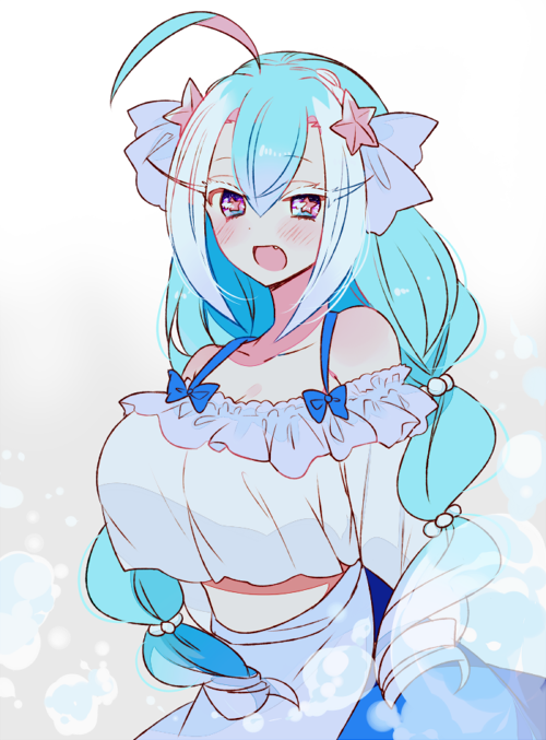 +_+ 1girl :o ahoge aqua_hair blue_eyes blue_skirt blush braid breasts cleavage creatures_(company) game_freak gen_7_pokemon hair_between_eyes hair_ornament large_breasts midriff_peek nintendo personification pokemon primarina skirt solo standing star star_hair_ornament twin_braids upper_body yuzu_ichika