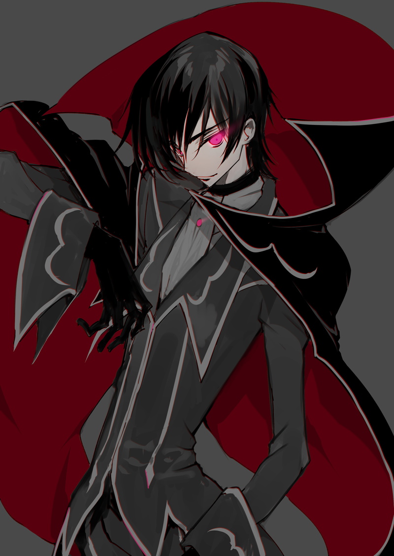 1boy bangs black_cape black_gloves black_hair cape closed_mouth code_geass contrapposto cravat creayus gloves glowing glowing_eyes grey_background grey_jacket grey_pants high_collar jacket lelouch_lamperouge long_sleeves looking_at_viewer m male_focus multicolored multicolored_cape multicolored_clothes pants pink_eyes red_cape simple_background smile solo standing upper_body