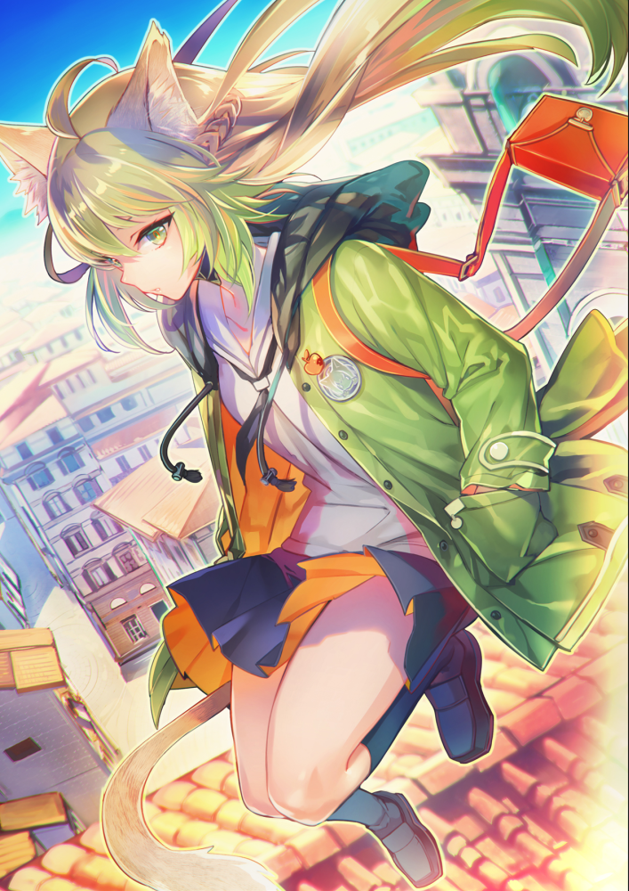 1girl ahoge alternate_costume animal_ears atalanta_(fate) badge bag bangs black_legwear blonde_hair braid cat_ears cat_girl cat_tail city cityscape fate/apocrypha fate/grand_order fate_(series) full_body green_hair hair_between_eyes handbag hands_in_pockets hood jacket kneehighs long_hair looking_away miyuki_ruria multicolored_hair open_clothes open_jacket outdoors shoes shoulder_bag skirt sky solo tail wind